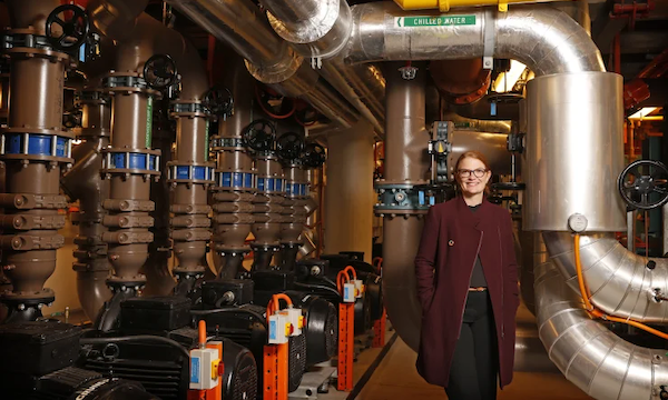 Sydney Opera House Environmental Sustainability Manager Emma Bombonato, with some of the 35 kilometres of pipes that heat and cool the building